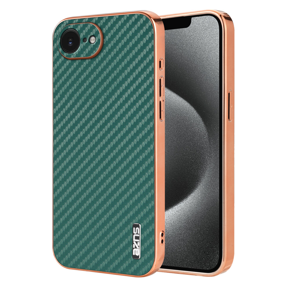 (Iphone 16E, ) Azns For Iphone 16E Case Electroplating Carbon Fiber Texture Pu+Tpu Phone Cover Green 6914280236810