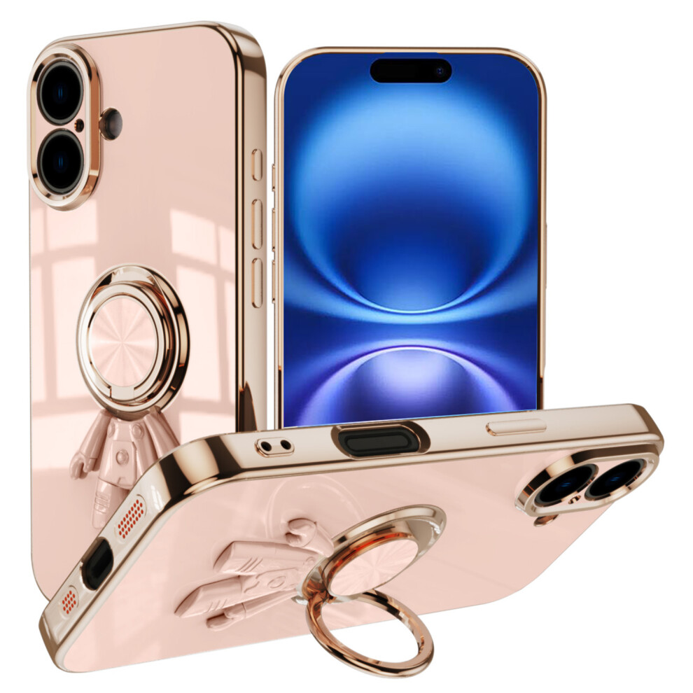 (Iphone 16, ) For Iphone 16 Case With Astronaut Ring Kickstand 6D Electroplating Tpu Phone Cover Pink 6914287649965