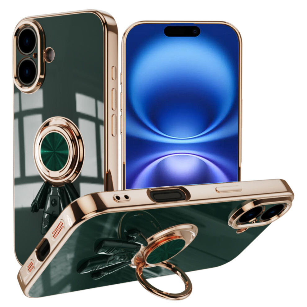 (Iphone 16, Midnight ) For Iphone 16 Case With Astronaut Ring Kickstand 6D Electroplating Tpu Phone Cover Green 6914283421350