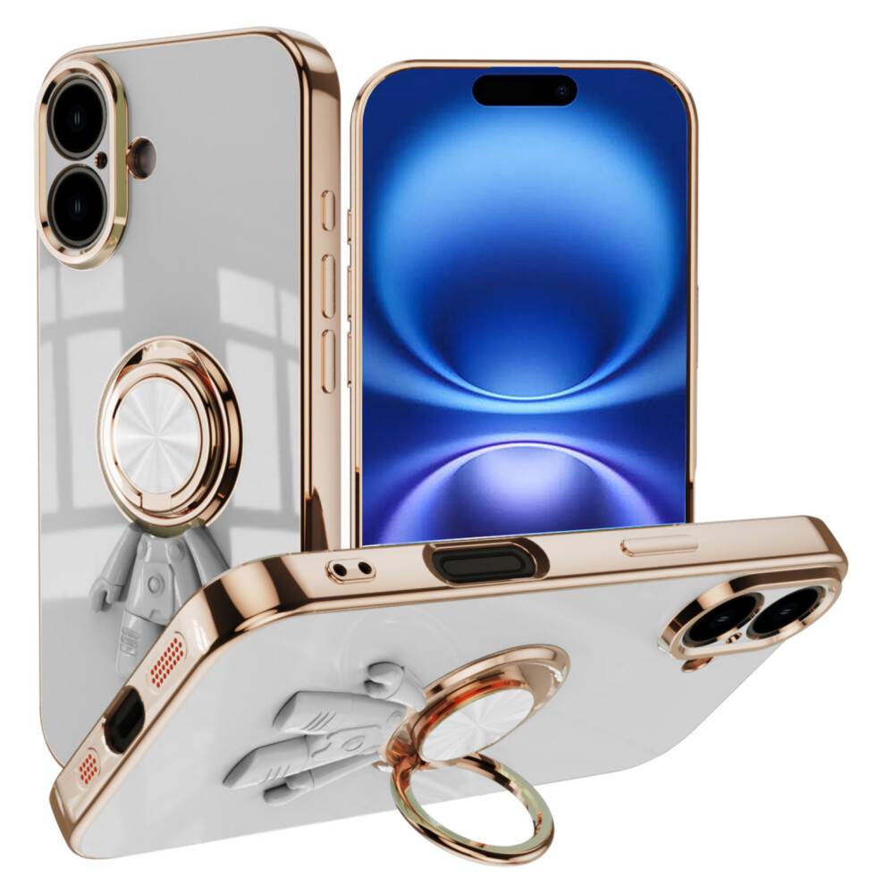 (Iphone 16, ) For Iphone 16 Case With Astronaut Ring Kickstand 6D Electroplating Tpu Phone Cover White 6914288621656