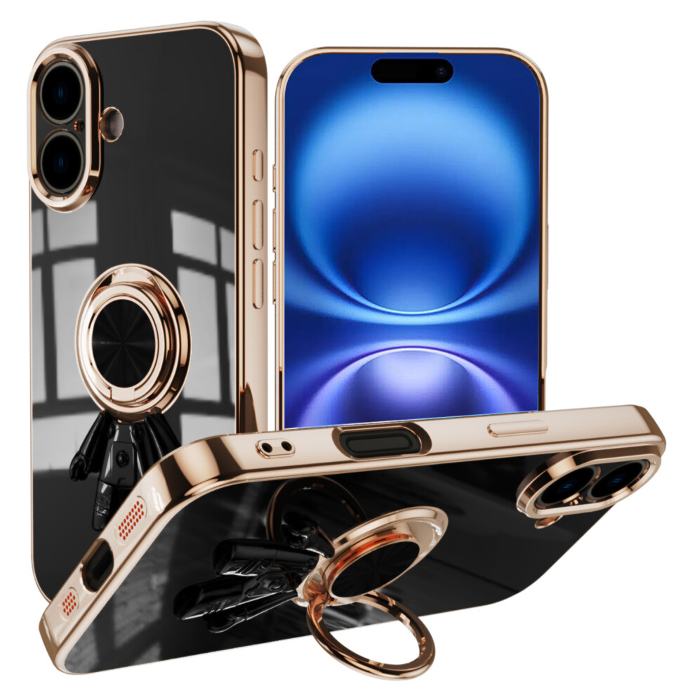 (Iphone 16, ) For Iphone 16 Case With Astronaut Ring Kickstand 6D Electroplating Tpu Phone Cover Black 6914282209706