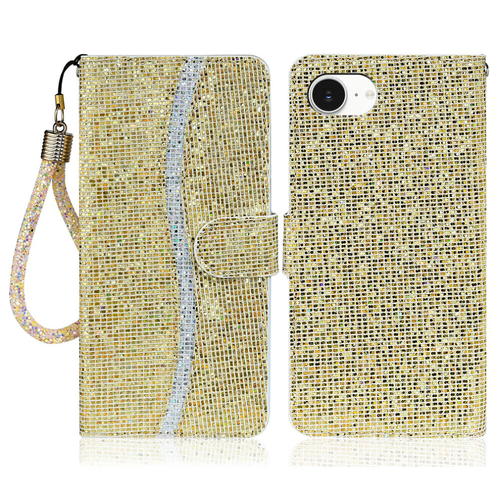 (Iphone 16E, ) For Iphone 16E Case Pu Leather Wallet Card Slots Glitter Phone Cover Gold 6914286953216
