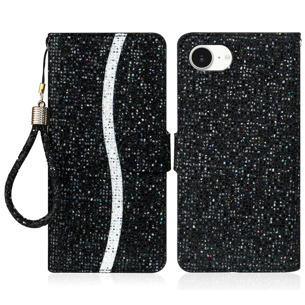 (Iphone 16E, ) For Iphone 16E Case Pu Leather Wallet Card Slots Glitter Phone Cover Black 6914284129316