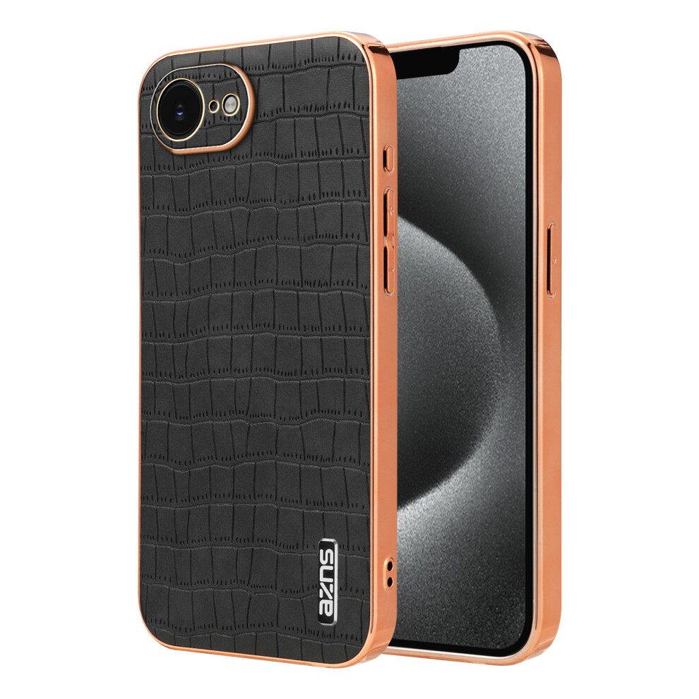 (Iphone 16E, ) Azns For Iphone 16E Case Electroplating Crocodile Texture Pu+Tpu Phone Cover Black 6914280243115