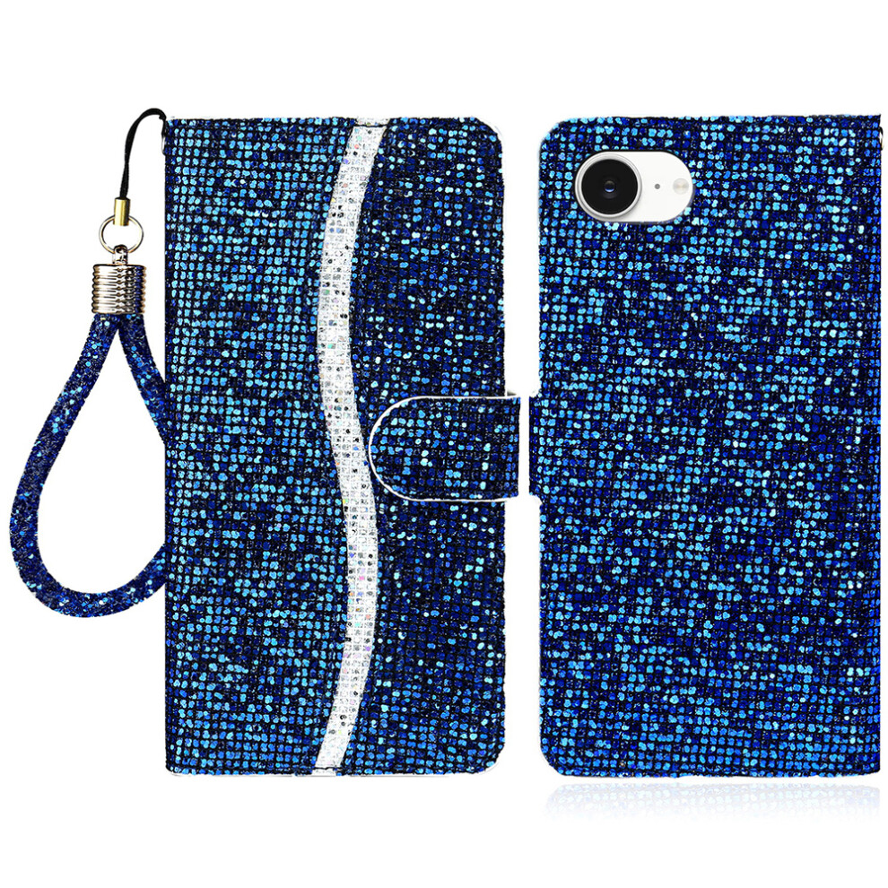 (Iphone 16E, ) For Iphone 16E Case Pu Leather Wallet Card Slots Glitter Phone Cover Blue