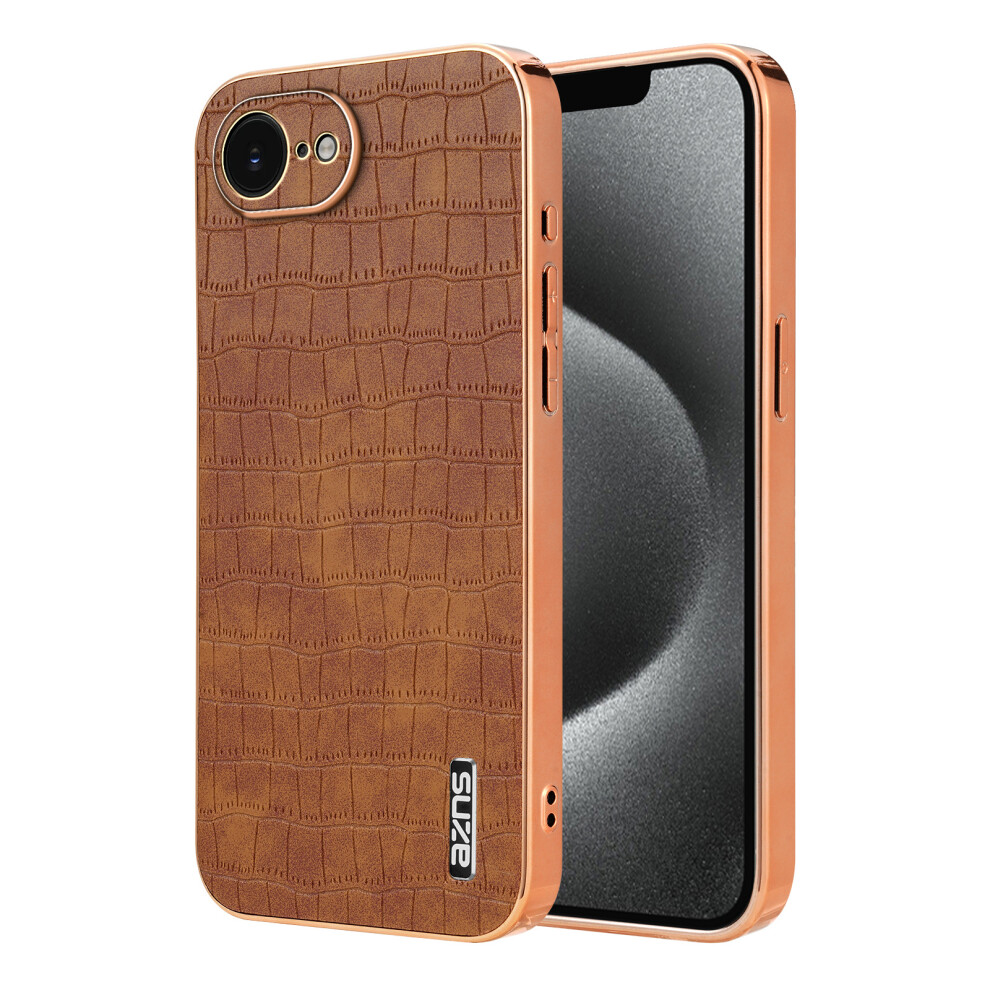 (Iphone 16E, ) Azns For Iphone 16E Case Electroplating Crocodile Texture Pu+Tpu Phone Cover Brown 6914281108864
