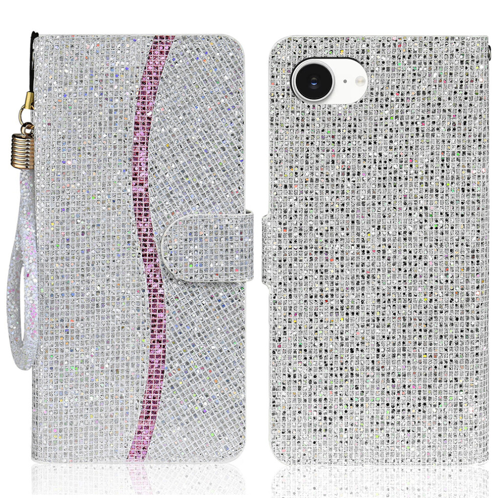 (Iphone 16E, ) For Iphone 16E Case Pu Leather Wallet Card Slots Glitter Phone Cover Silver 6914281185551