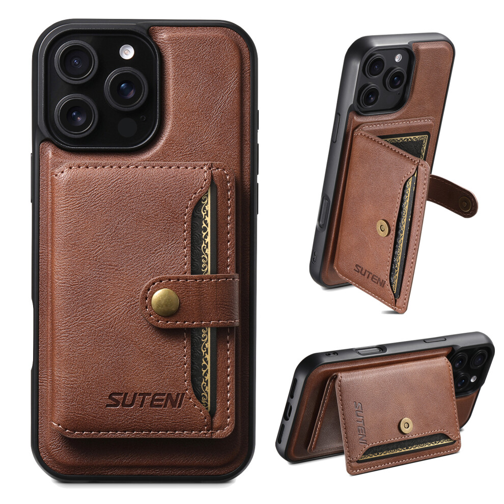 (Iphone 16 Pro, ) Suteni M4 For Iphone 16 Pro Magnetic Case With Card Holder Cowhide Texture Leather Back Cover Brown 6914285971693