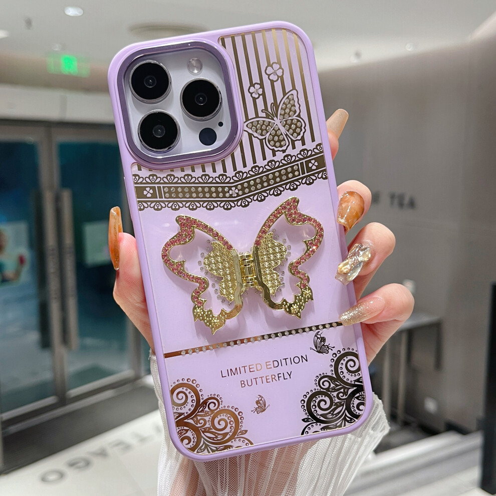 (Iphone 16 Pro Max, ) For Iphone 16 Pro Max Case Butterfly Kickstand Tpu+Pc Phone Back Cover Rhinestone Decor Purple 6914283432448