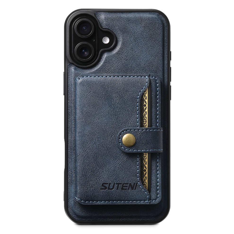 (Iphone 16 Plus, ) Suteni M4 For Iphone 16 Plus Magnetic Case With Card Holder Cowhide Texture Leather Back Cover Blue 6914284019846
