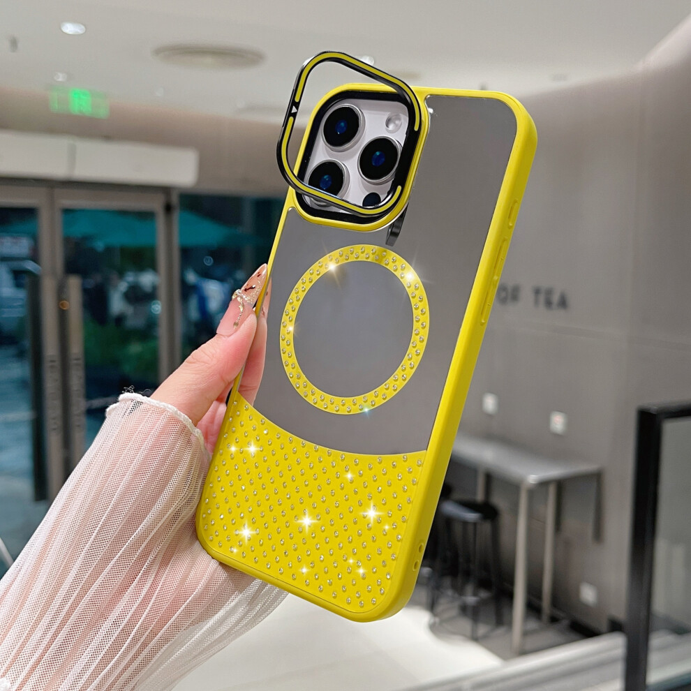 (Iphone 16 Pro, Yellowgreen) For Iphone 16 Pro Magnetic Case Mirror Surface Tpu+Pc Phone Cover With Lens Frame Kickstand 6914287639010