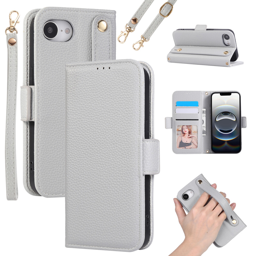(Iphone 16E, Grey Blue) For Iphone 16E Wallet Case Rfid Blocking Litchi Texture Flip Leather Cover With Wrist Strap And Crossbody Strap Blue,Grey 6914285388477