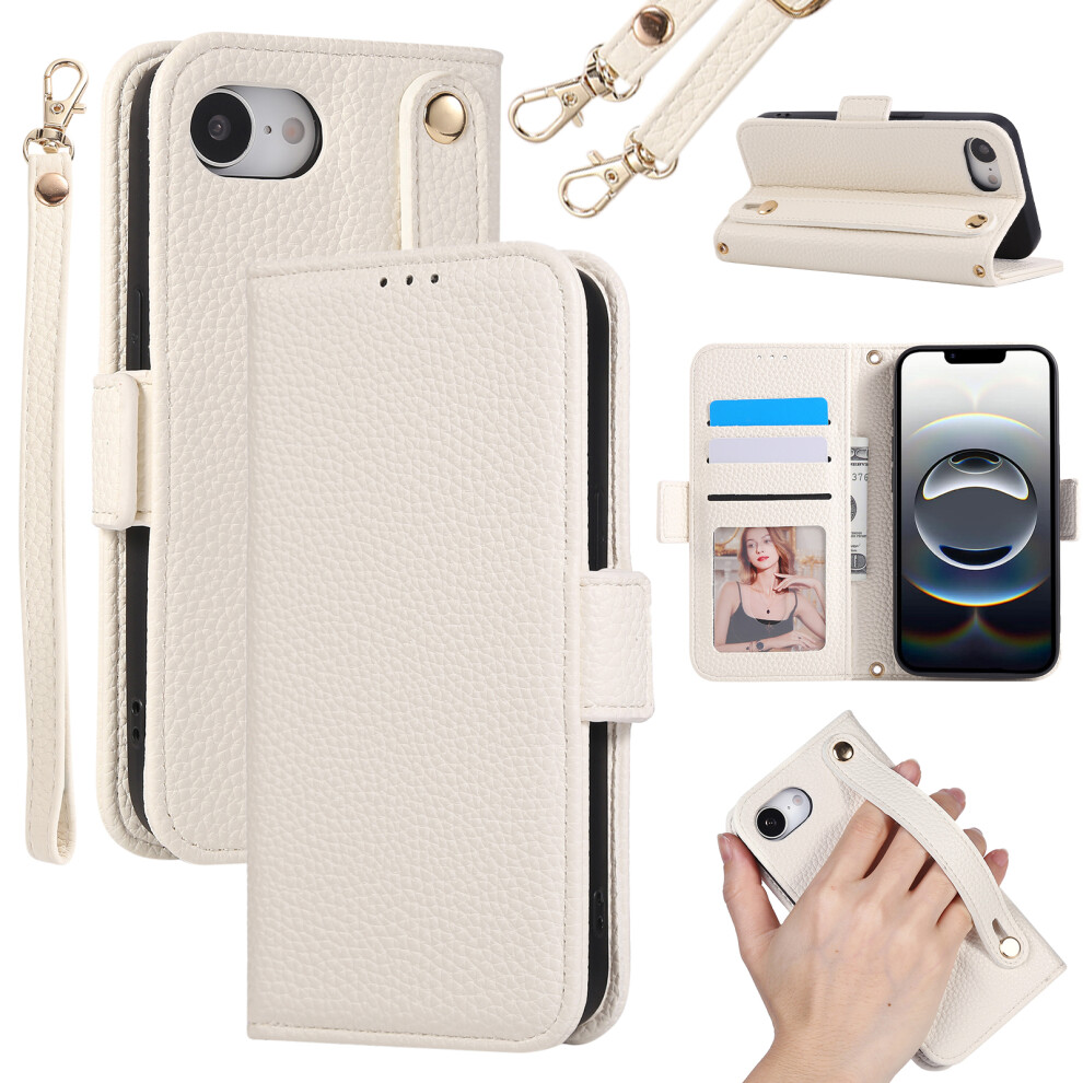(Iphone 16E, Beige) For Iphone 16E Wallet Case Rfid Blocking Litchi Texture Flip Leather Cover With Wrist Strap And Crossbody Strap Cream 6914288947497