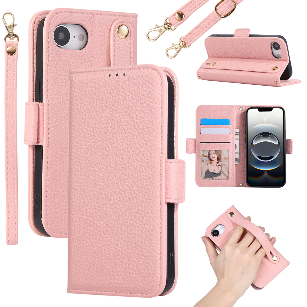 (Iphone 16E, ) For Iphone 16E Wallet Case Rfid Blocking Litchi Texture Flip Leather Cover With Wrist Strap And Crossbody Strap Pink 6914287847095