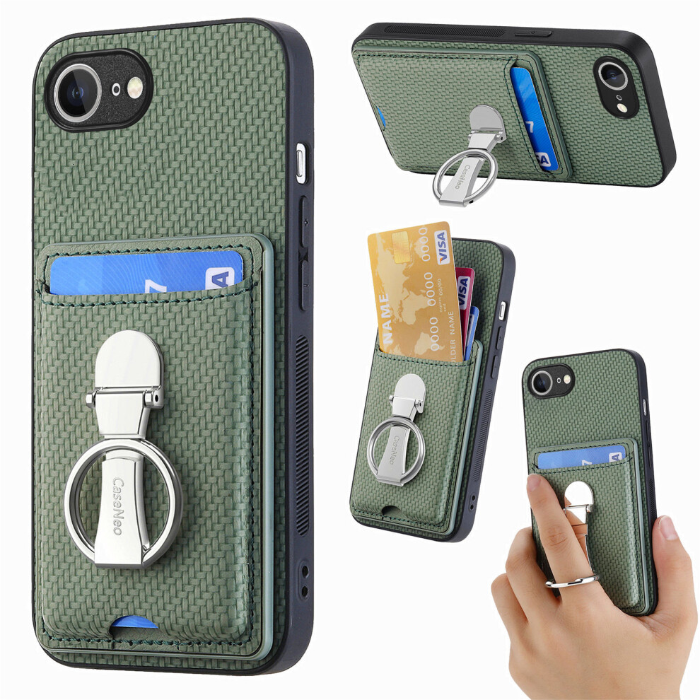 (Iphone 16E, ) For Iphone 16E Leather Phone Back Cover With Kickstand And Card Slots Carbon Fiber Texture Green 6914289508390
