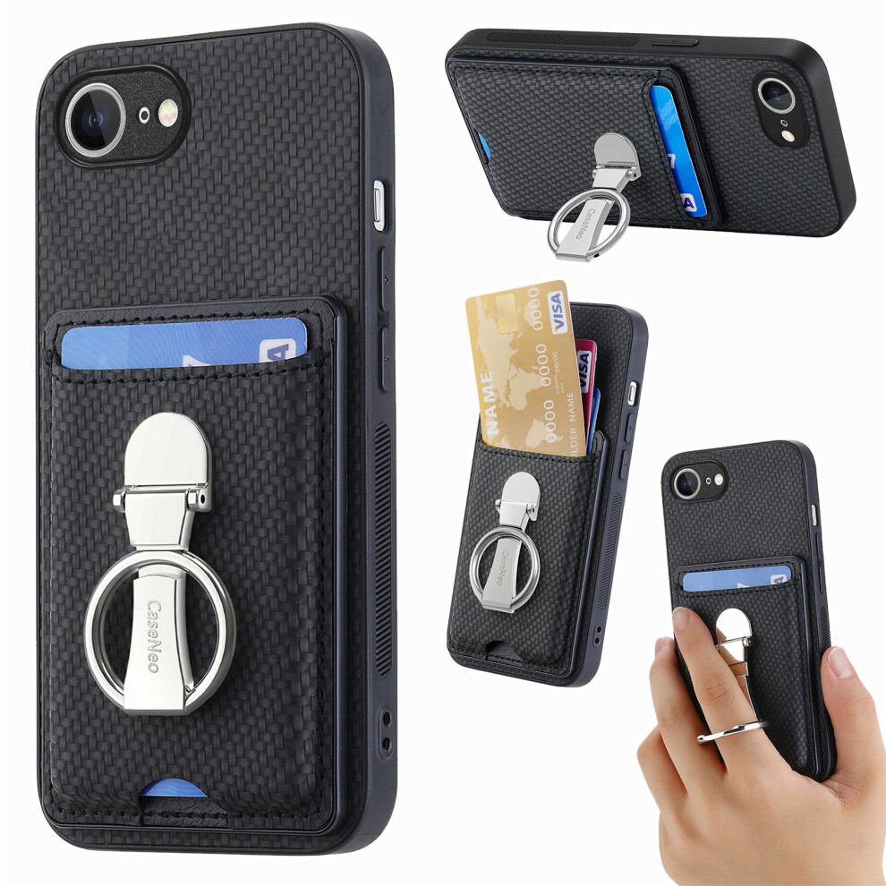 (Iphone 16E, ) For Iphone 16E Leather Phone Back Cover With Kickstand And Card Slots Carbon Fiber Texture Black 6914288428606
