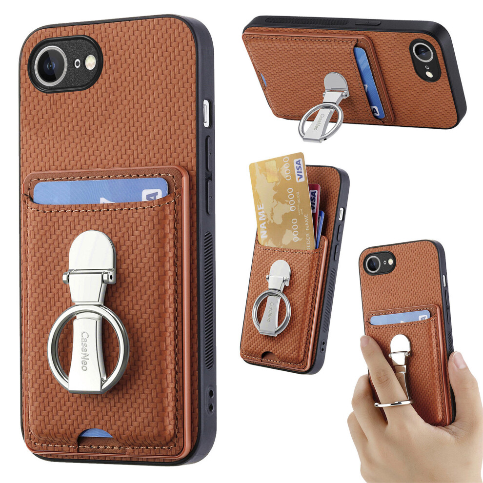 (Iphone 16E, ) For Iphone 16E Leather Phone Back Cover With Kickstand And Card Slots Carbon Fiber Texture Brown 6914282016656