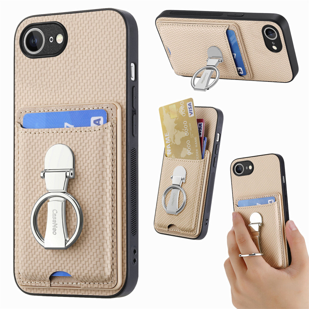 (Iphone 16E, Beige) For Iphone 16E Leather Phone Back Cover With Kickstand And Card Slots Carbon Fiber Texture Cream 6914282332299
