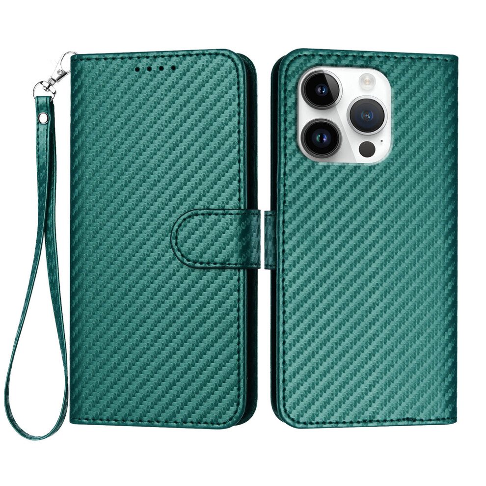 (Iphone 16 Pro, Blackish ) For Iphone 16 Pro Wallet Case With Strap Carbon Fiber Texture Leather Mobile Cover Green 6914281609088