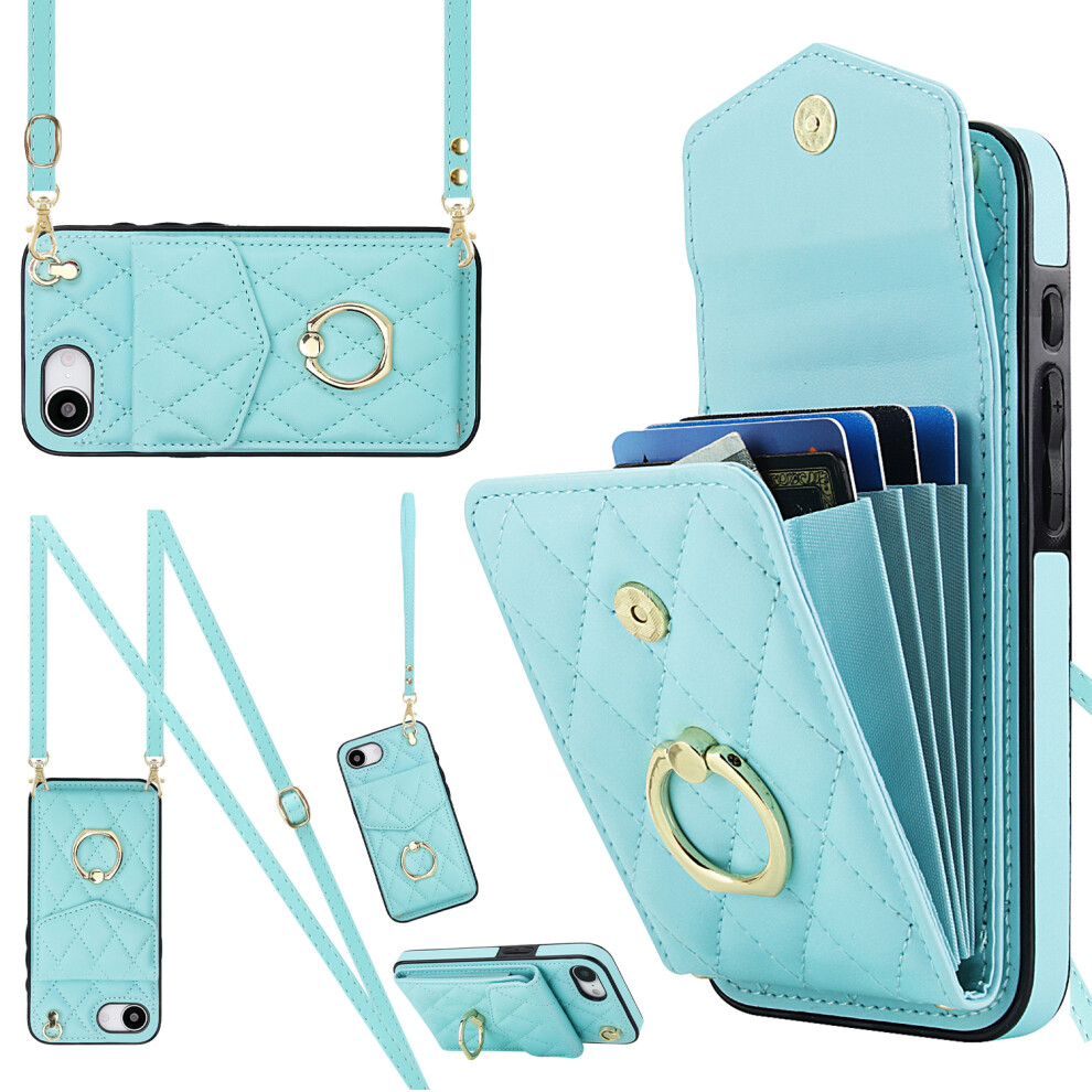 (Iphone 16E, Mint ) For Iphone 16E Case Rfid Blocking Card Bag Leather+Tpu Crossbody Phone Cover With Ring Kickstand Green 6914286069184