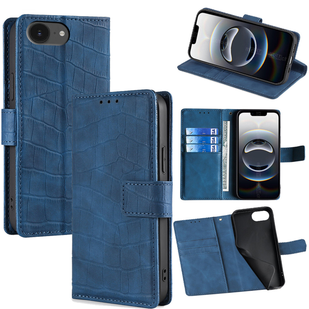 (Iphone 16E, ) For Iphone 16E Leather Case Wallet Stand Crocodile Texture Mobile Phone Cover Blue 6914281633427
