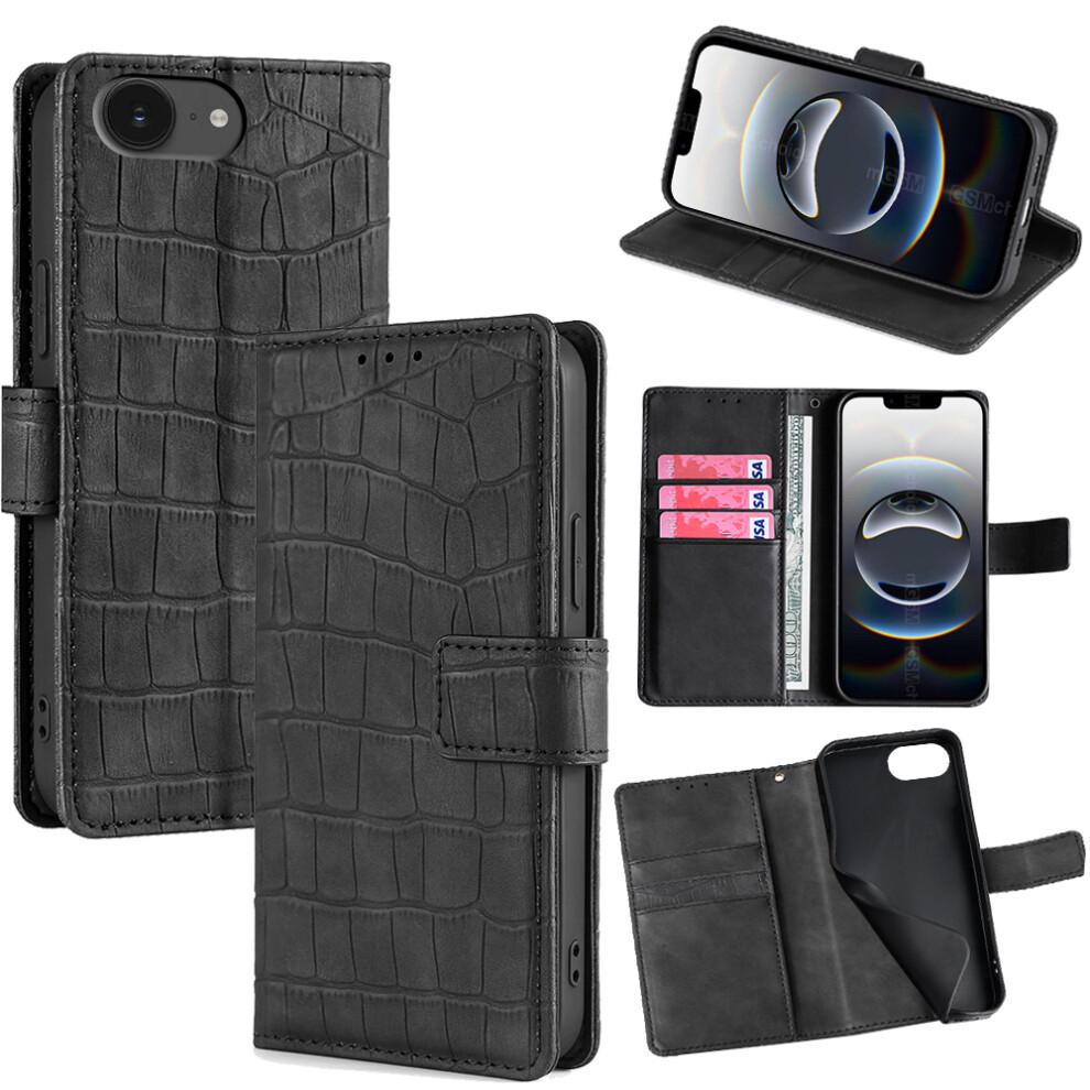 (Iphone 16E, ) For Iphone 16E Leather Case Wallet Stand Crocodile Texture Mobile Phone Cover Black 6914282223610