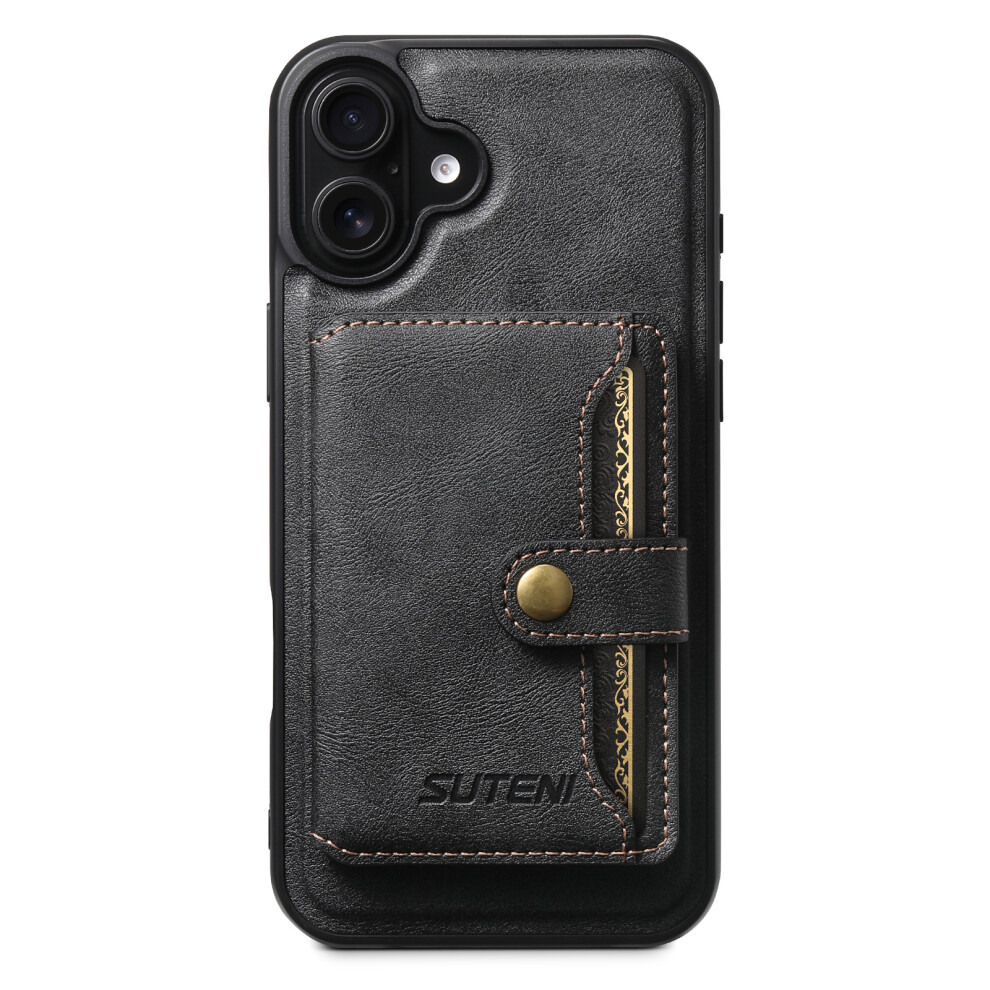 (Iphone 16, ) Suteni M4 For Iphone 16 Magnetic Case With Card Holder Cowhide Texture Leather Back Cover Black 6914288306898