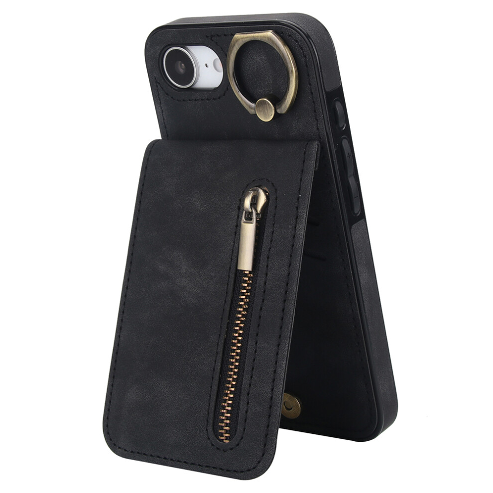 (Iphone 16E, ) For Iphone 16E Case Zipper Rfid Blocking Retro Leather+Tpu Phone Cover With Kickstand Black 6914289340815