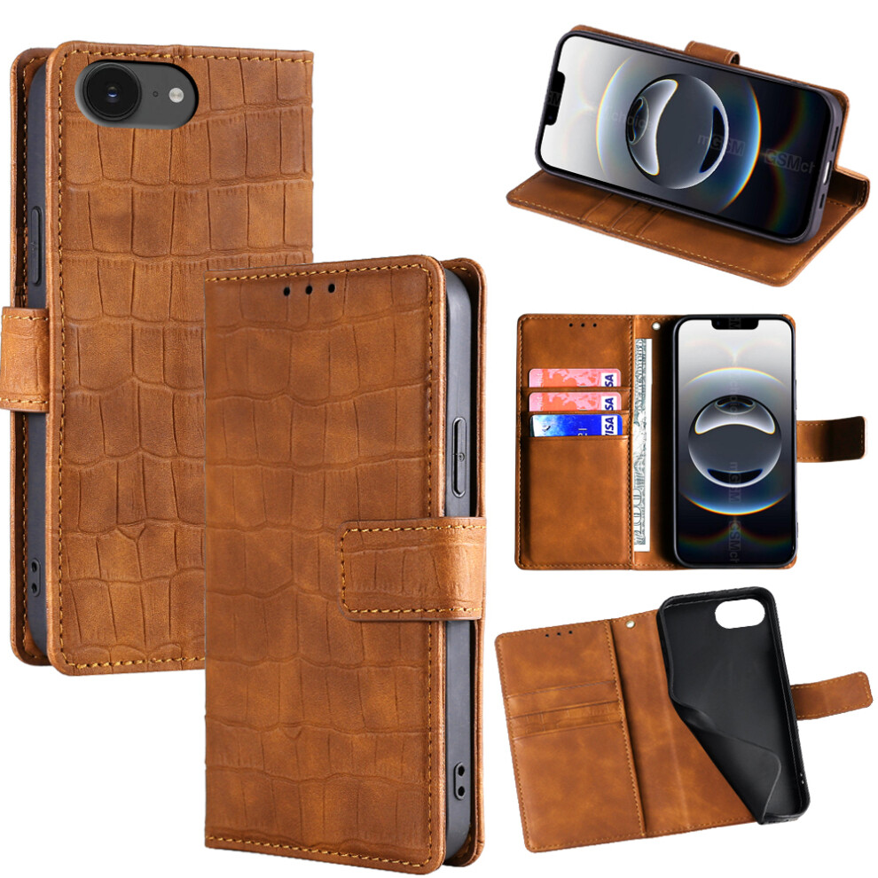 (Iphone 16E, ) For Iphone 16E Leather Case Wallet Stand Crocodile Texture Mobile Phone Cover Brown 6914283095667