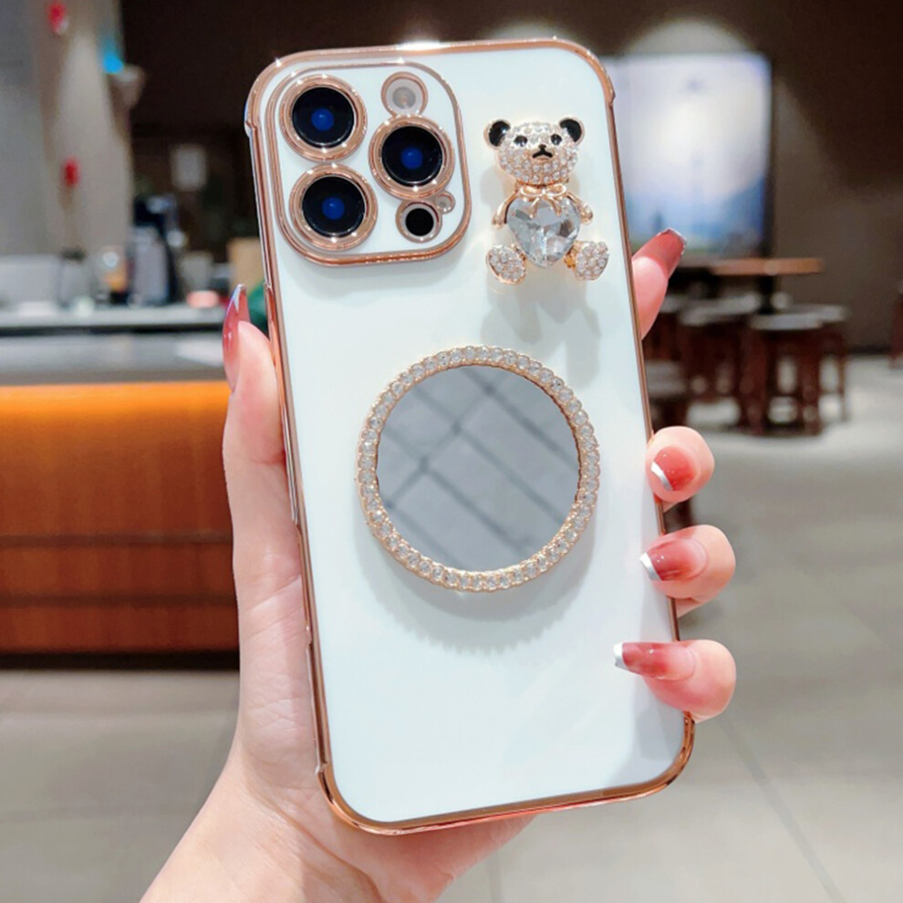 (Iphone 16 Pro Max, Ivory ) For Iphone 16 Pro Max Case Love Heart Pattern Electroplated Tpu Phone Cover With Small Bear And Mirror White 6914289575507