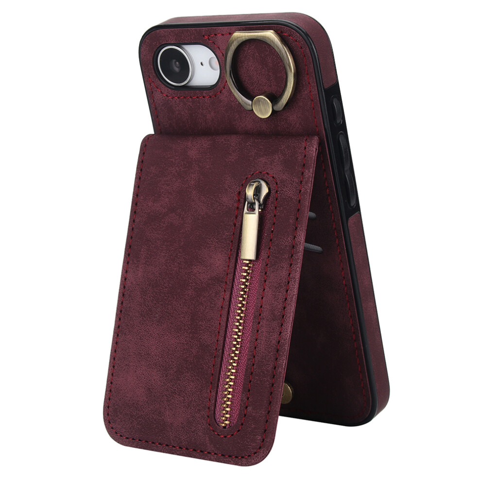 (Iphone 16E, Wine ) For Iphone 16E Case Zipper Rfid Blocking Retro Leather+Tpu Phone Cover With Kickstand Red 6914285752766