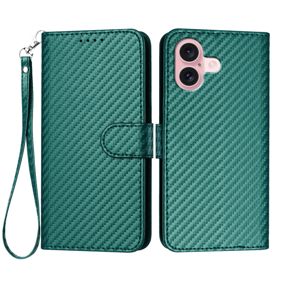 (Iphone 16, Blackish ) For Iphone 16 Wallet Case With Strap Carbon Fiber Texture Leather Mobile Cover Green 6914287323704