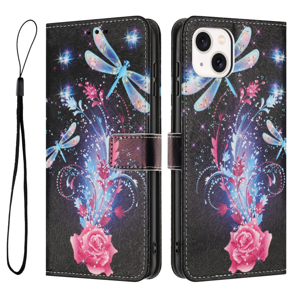 (Iphone 15, Dragonfly) Yx-2501 For Iphone 15 Stand Case Pattern Printing Pu Leather Wallet Phone Cover With Lanyard 6914288777261