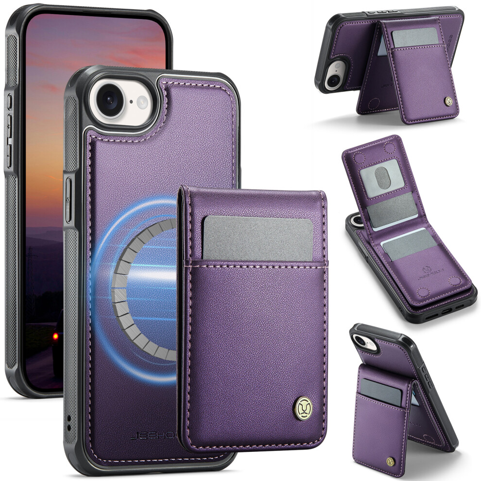 (Iphone 16E, ) For Iphone 16E Leather Back Cover Compatible With Magsafe Jeehood J06 Phone Case With Card Bag Rfid Blocking Purple 6914286586001