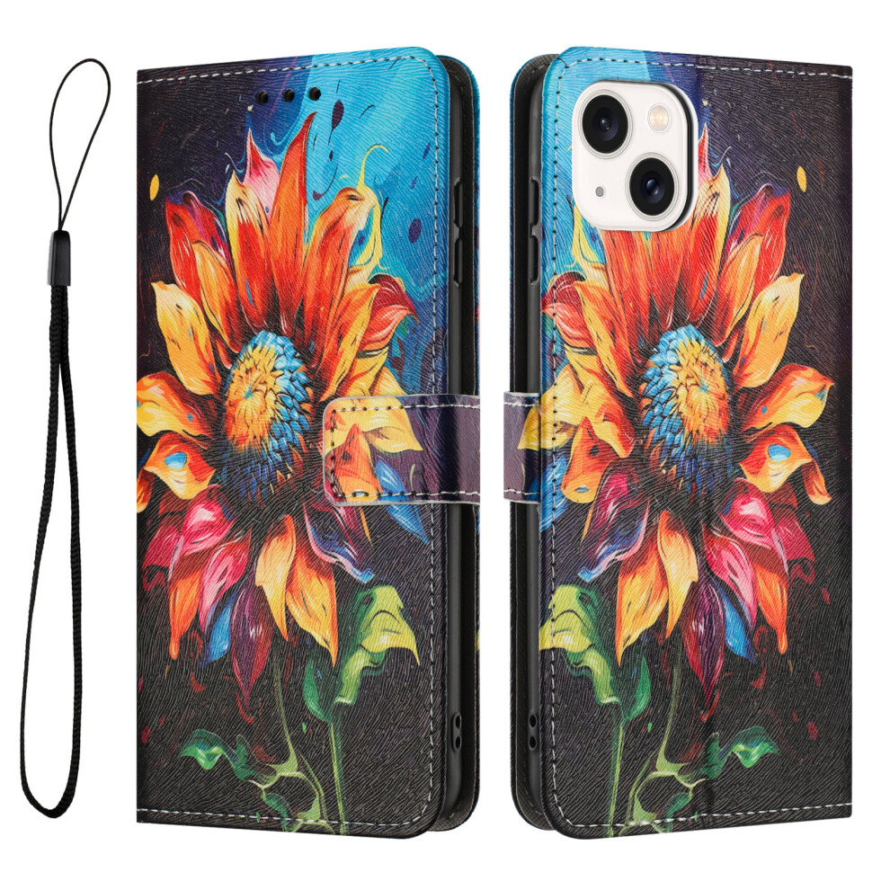 (Iphone 15, Sunflower) Yx-2501 For Iphone 15 Stand Case Pattern Printing Pu Leather Wallet Phone Cover With Lanyard 6914282365310