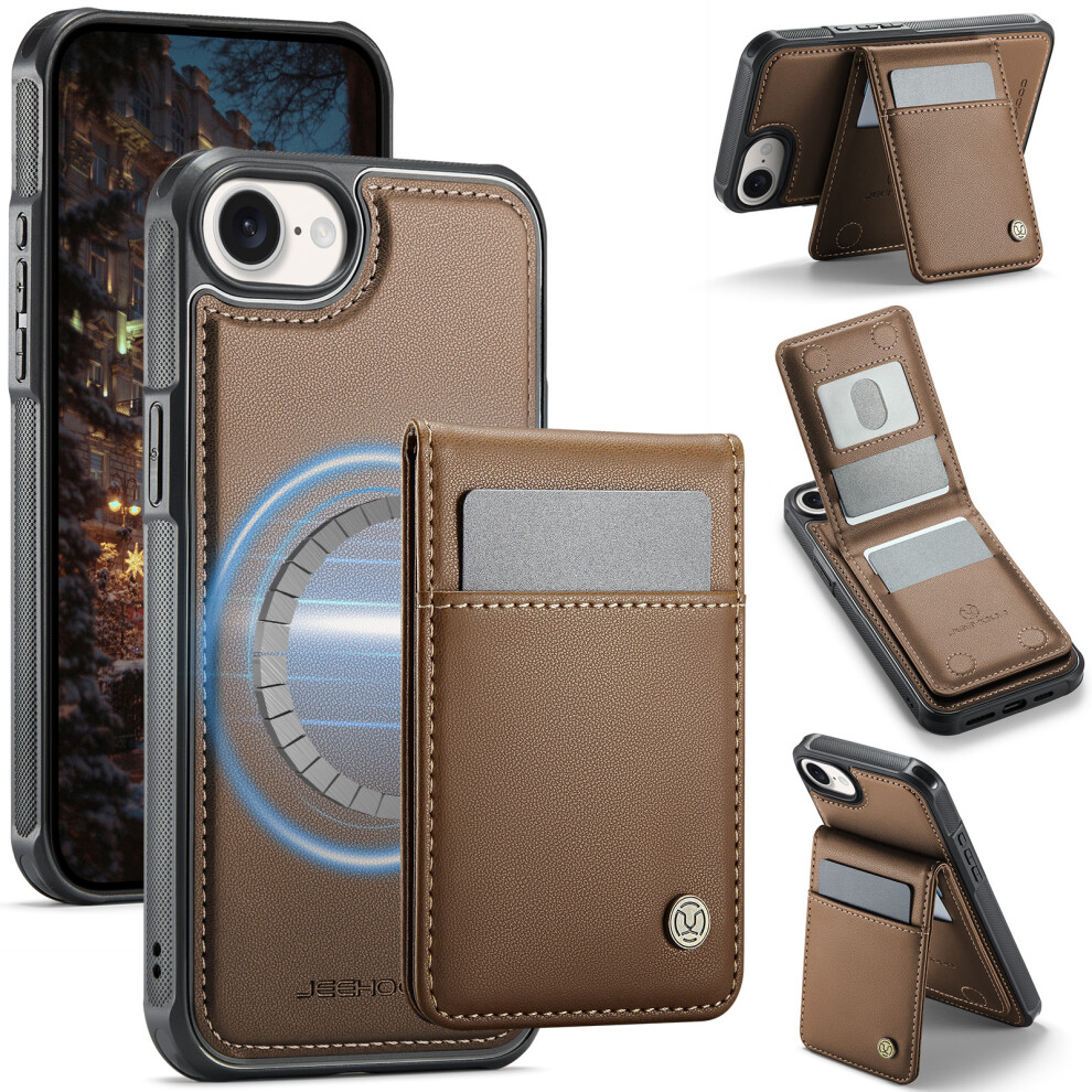 (Iphone 16E, ) For Iphone 16E Leather Back Cover Compatible With Magsafe Jeehood J06 Phone Case With Card Bag Rfid Blocking Brown 6914288679251