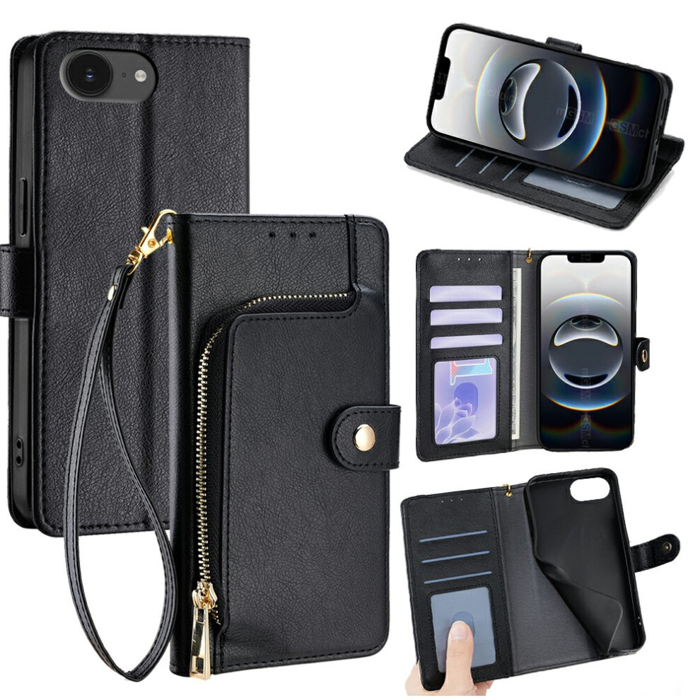 (Iphone 16E, ) For Iphone 16E Case Zipper Pocket Pu Leather Wallet Flip Phone Cover Black 6914282015871