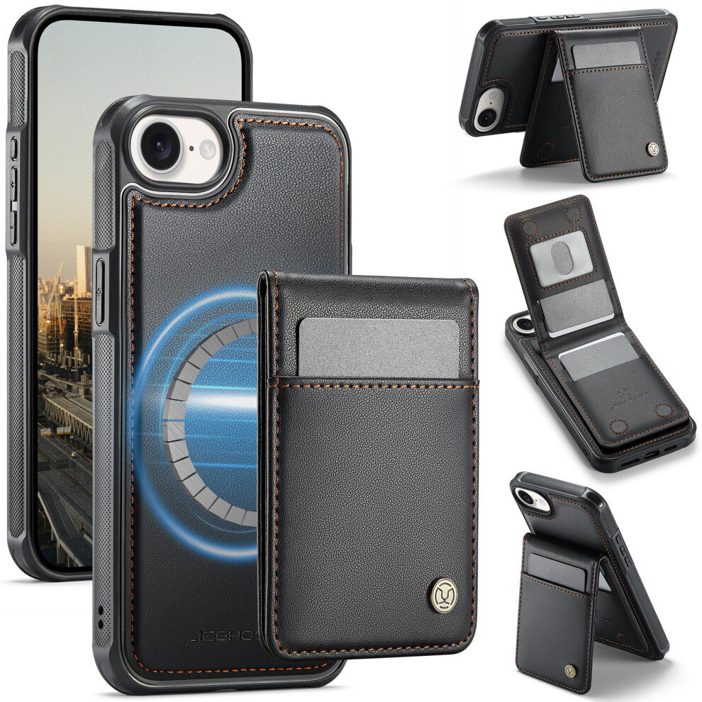 (Iphone 16E, ) For Iphone 16E Leather Back Cover Compatible With Magsafe Jeehood J06 Phone Case With Card Bag Rfid Blocking Black 6914289857061