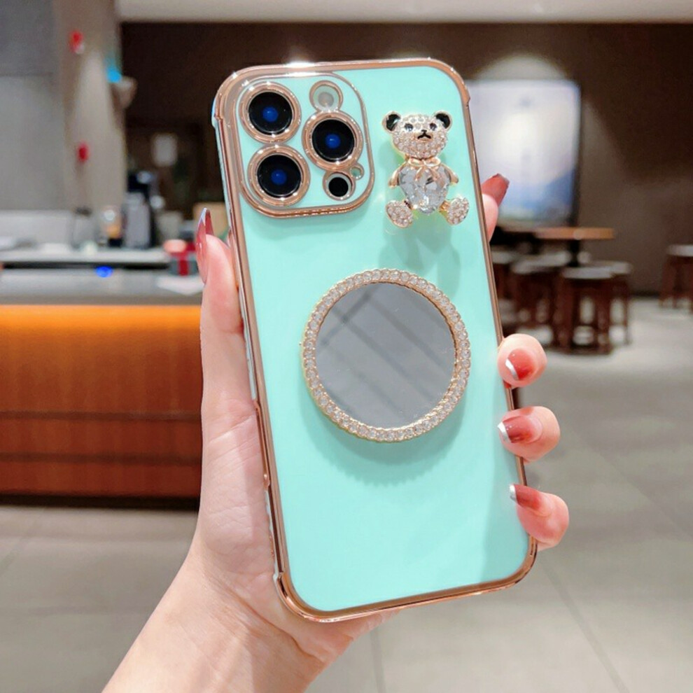 (Iphone 16 Pro, Mint ) For Iphone 16 Pro Case Love Heart Pattern Electroplated Tpu Phone Cover With Small Bear And Mirror Green 6914284149574