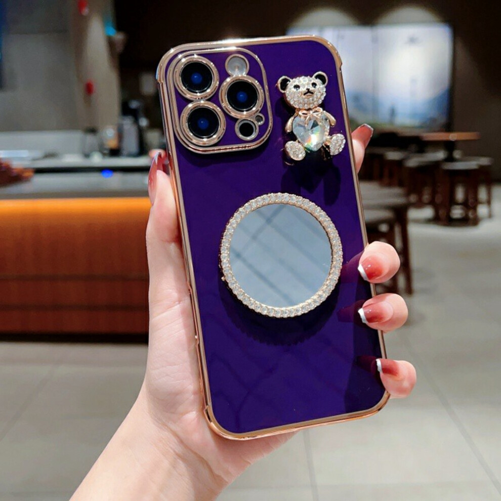 (Iphone 16 Pro, Dark ) For Iphone 16 Pro Case Love Heart Pattern Electroplated Tpu Phone Cover With Small Bear And Mirror Purple 6914288162074