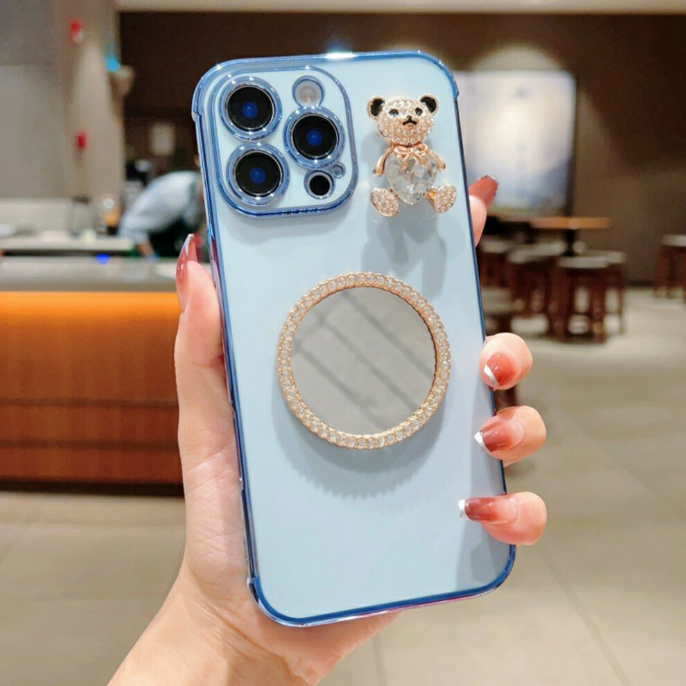 (Iphone 16 Pro, ) For Iphone 16 Pro Case Love Heart Pattern Electroplated Tpu Phone Cover With Small Bear And Mirror Blue 6914287737624