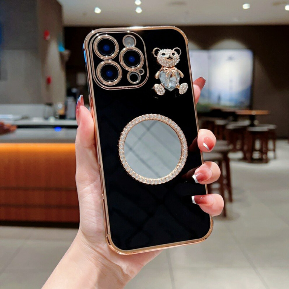 (Iphone 16 Pro, ) For Iphone 16 Pro Case Love Heart Pattern Electroplated Tpu Phone Cover With Small Bear And Mirror Black 6914286242532