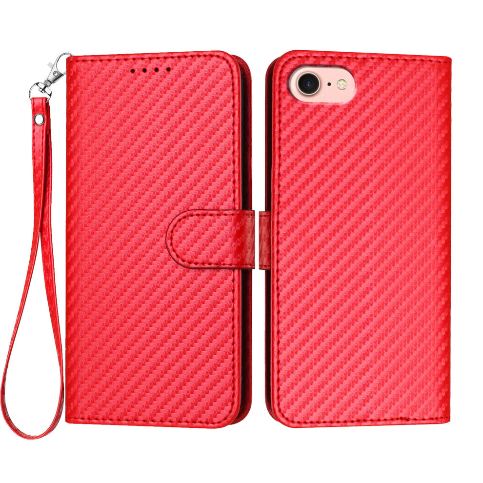(Iphone 16E, ) For Iphone 16E Wallet Case With Strap Carbon Fiber Texture Leather Mobile Cover Red 6914289121209