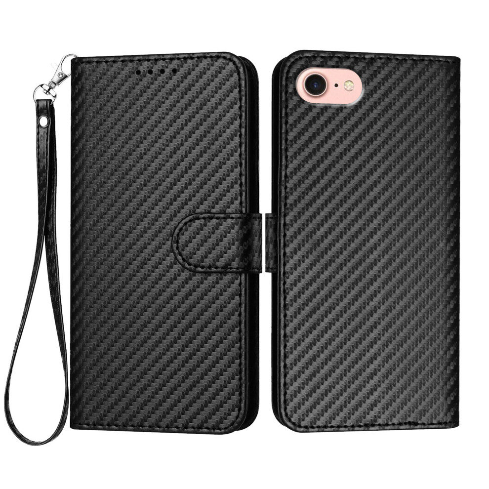(Iphone 16E, ) For Iphone 16E Wallet Case With Strap Carbon Fiber Texture Leather Mobile Cover Black 6914280177847
