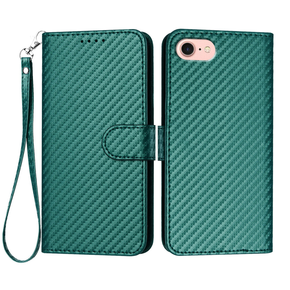 (Iphone 16E, Blackish ) For Iphone 16E Wallet Case With Strap Carbon Fiber Texture Leather Mobile Cover Green 6914283179251