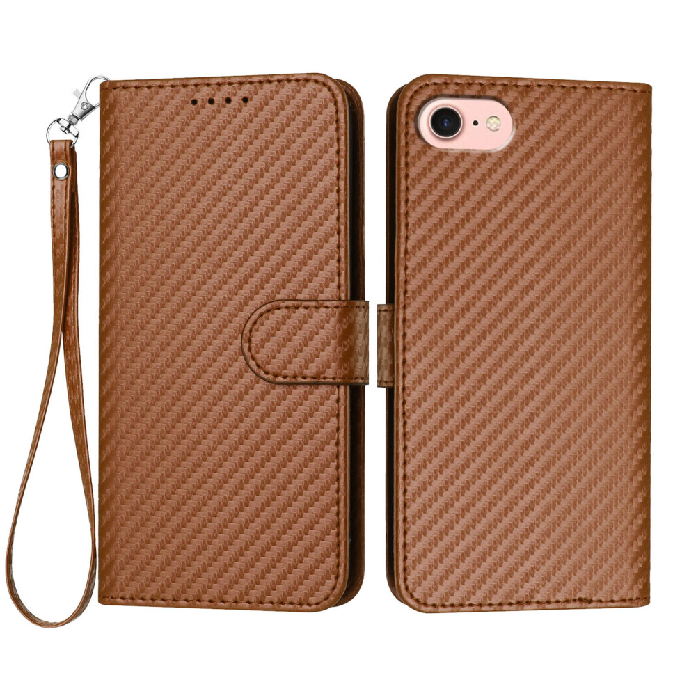 (Iphone 16E, Coffee) For Iphone 16E Wallet Case With Strap Carbon Fiber Texture Leather Mobile Cover Brown 6914286068187