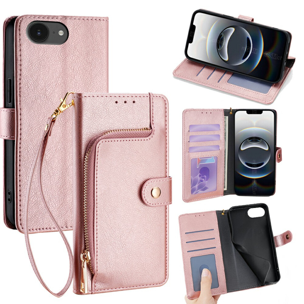(Iphone 16E, Rose ) For Iphone 16E Case Zipper Pocket Pu Leather Wallet Flip Phone Cover Gold 6914283652075