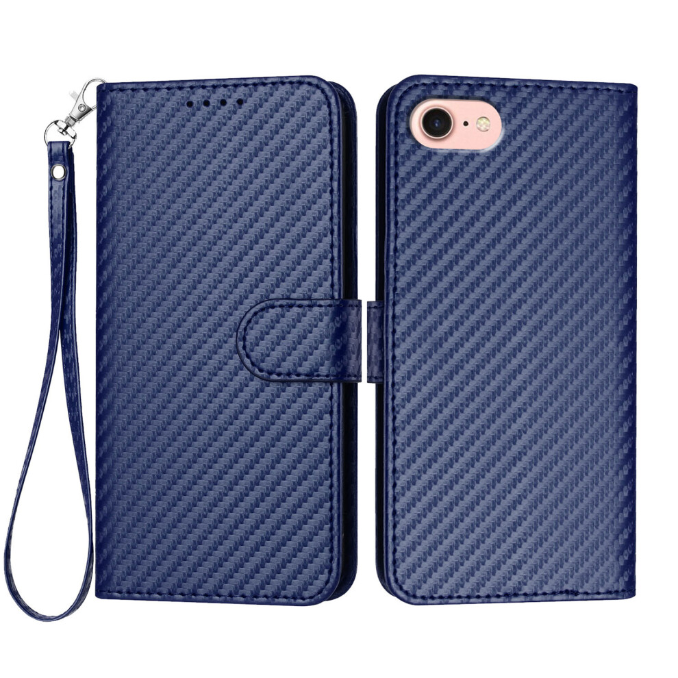 (Iphone 16E, Royal ) For Iphone 16E Wallet Case With Strap Carbon Fiber Texture Leather Mobile Cover Blue 6914280355351