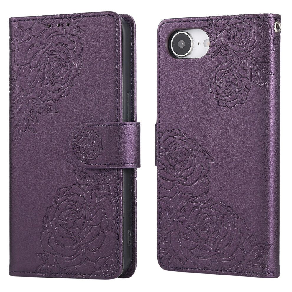 (Iphone 16E, Dark ) For Iphone 16E Case Rose Flower Pu Leather Wallet Phone Cover With 3 Card Slots Purple 6914287479326