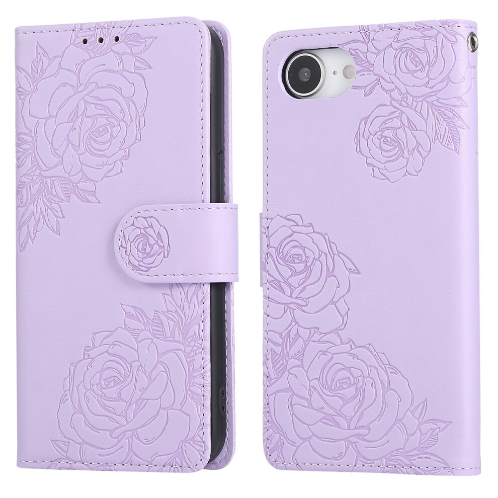 (Iphone 16E, Light ) For Iphone 16E Case Rose Flower Pu Leather Wallet Phone Cover With 3 Card Slots Purple 6914287420779